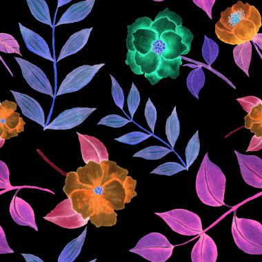 Çiçeklerle suluboya kusursuz desen. Klasik çiçek desenleri. Çiçeksiz desen. Botanik sanatı. Çiçek botanik koleksiyonu. Çiçek seti. Suluboya botanik tasarımı.