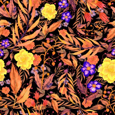 Çiçeklerle suluboya kusursuz desen. Klasik çiçek desenleri. Çiçeksiz desen. Botanik sanatı. Çiçek botanik koleksiyonu. Çiçek seti. Suluboya botanik tasarımı.