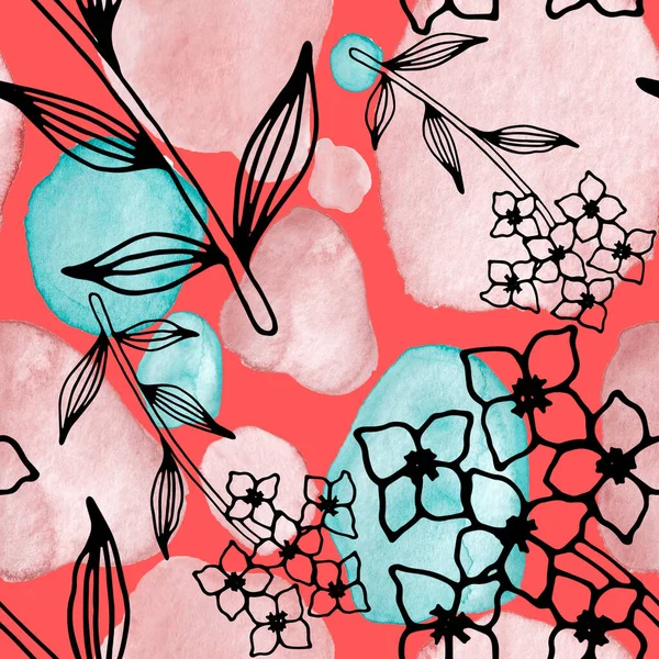 ラインアートの花や水彩の汚れに葉との創造的なシームレスなパターン トレンディ抽象的な現代ヴィンテージ Print — ストック写真