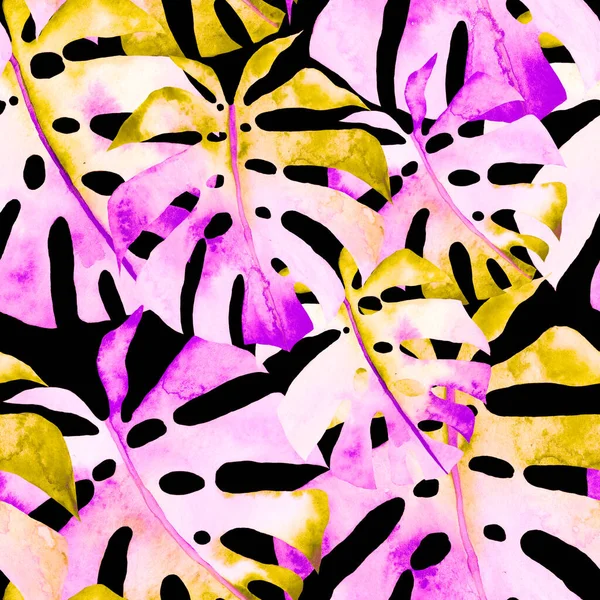 Akvarel Sømløse Mønster Med Farverige Abstrakte Tropiske Blade Lyse Sommer - Stock-foto