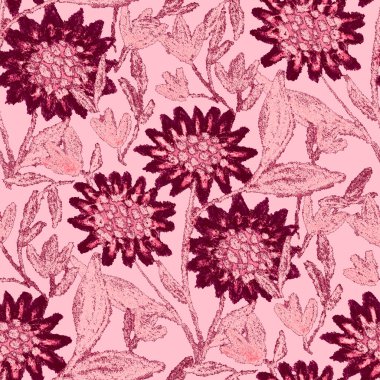 Balmumu pastel boyalarla çizilmiş soyut çiçekleri olan yaratıcı, pürüzsüz desen. Parlak renkli çiçek deseni.