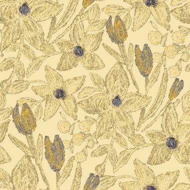 Balmumu pastel boyalarla çizilmiş soyut çiçekleri olan yaratıcı, pürüzsüz desen. Parlak renkli çiçek deseni.