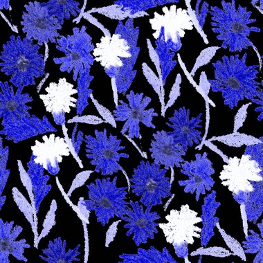 Balmumu pastel boyalarla çizilmiş soyut çiçekleri olan yaratıcı, pürüzsüz desen. Parlak renkli çiçek deseni.