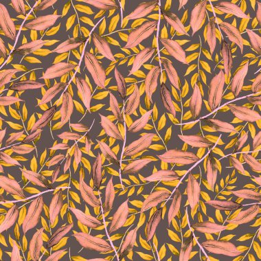 Vintage yapraklı suluboya desenli. Dekoratif tasarım için renkli yaprakları olan güzel bir botanik baskısı. Parlak bahar ya da yaz arkaplanı. Klasik düğün dekoru. Tekstil tasarımı.