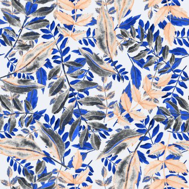 Vintage yapraklı suluboya desenli. Dekoratif tasarım için renkli yaprakları olan güzel bir botanik baskısı. Parlak bahar ya da yaz arkaplanı. Klasik düğün dekoru. Tekstil tasarımı.