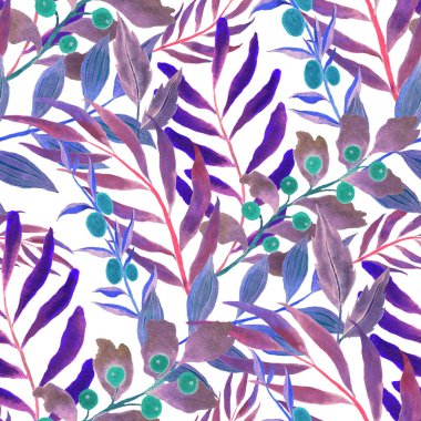 Vintage yapraklı suluboya desenli. Dekoratif tasarım için renkli yaprakları olan güzel bir botanik baskısı. Parlak bahar ya da yaz arkaplanı. Klasik düğün dekoru. Tekstil tasarımı.