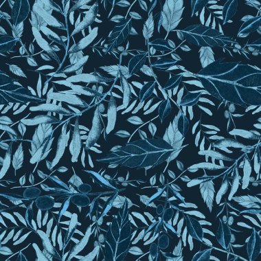 Vintage yapraklı suluboya desenli. Dekoratif tasarım için renkli yaprakları olan güzel bir botanik baskısı. Parlak bahar ya da yaz arkaplanı. Klasik düğün dekoru. Tekstil tasarımı.