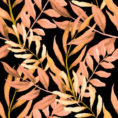 Vintage yapraklı suluboya desenli. Dekoratif tasarım için renkli yaprakları olan güzel bir botanik baskısı. Parlak bahar ya da yaz arkaplanı. Klasik düğün dekoru. Tekstil tasarımı.