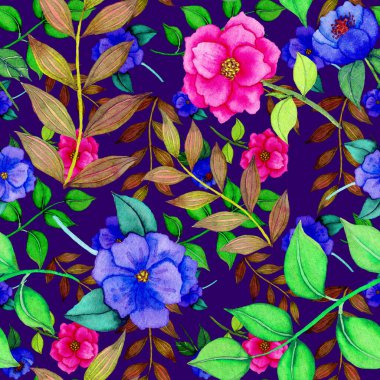 Çiçeklerle suluboya kusursuz desen. Klasik çiçek desenleri. Çiçeksiz desen. Botanik sanatı. Çiçek botanik koleksiyonu. Çiçek seti. Suluboya botanik tasarımı.