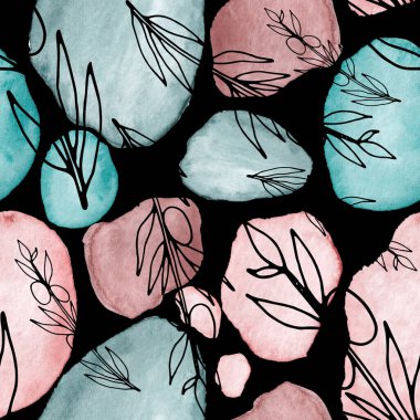 Çizgili sanat çiçekleri ve suluboya lekeleri olan yaratıcı kusursuz desen. Moda soyut modern vintage baskı.