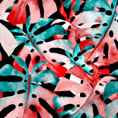 Renkli ve soyut tropikal yapraklı suluboya desenli. Egzotik bitkilerle dolu parlak yaz baskısı. Yaratıcı trend botanik tekstil tasarımı.