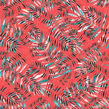 Renkli ve soyut tropikal yapraklı suluboya desenli. Egzotik bitkilerle dolu parlak yaz baskısı. Yaratıcı trend botanik tekstil tasarımı.