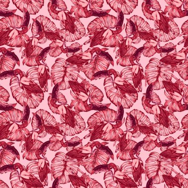 Tukanla dikişsiz suluboya desen. Tropik kuşlu ve yapraklı egzotik botanik orman duvar kağıdı. Parlak yaz şablonu geçmişi.