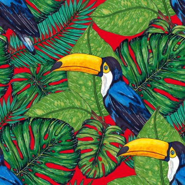 Tukanla dikişsiz suluboya desen. Tropik kuşlu ve yapraklı egzotik botanik orman duvar kağıdı. Parlak yaz şablonu geçmişi.