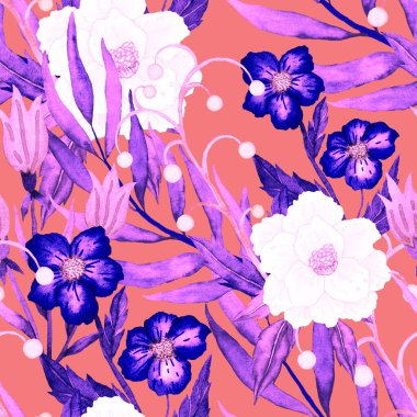 Çiçeklerle suluboya kusursuz desen. Klasik çiçek desenleri. Çiçeksiz desen. Botanik sanatı. Çiçek botanik koleksiyonu. Çiçek seti. Suluboya botanik tasarımı.