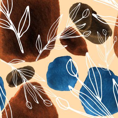 Çizgili sanat çiçekleri ve suluboya lekeleri olan yaratıcı kusursuz desen. Moda soyut modern vintage baskı.