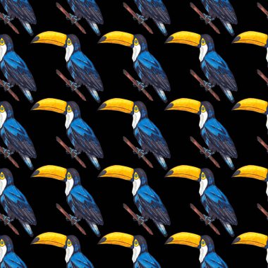 Tukanla dikişsiz suluboya desen. Tropik kuşlu ve yapraklı egzotik botanik orman duvar kağıdı. Parlak yaz şablonu geçmişi.