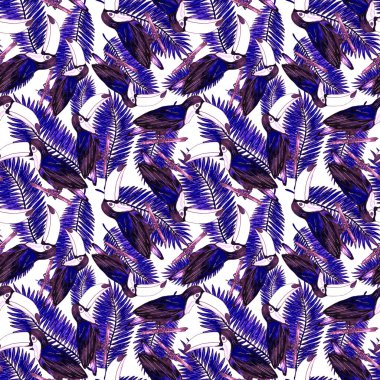 Tukanla dikişsiz suluboya desen. Tropik kuşlu ve yapraklı egzotik botanik orman duvar kağıdı. Parlak yaz şablonu geçmişi.