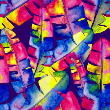 Renkli ve soyut tropikal yapraklı suluboya desenli. Egzotik bitkilerle dolu parlak yaz baskısı. Yaratıcı trend botanik tekstil tasarımı.