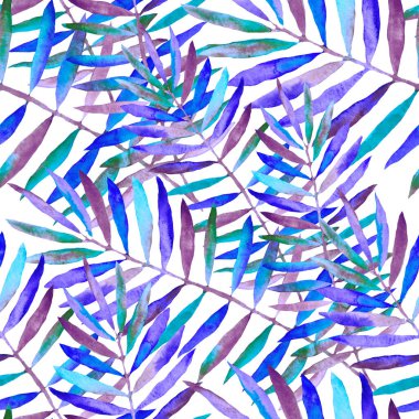 Renkli ve soyut tropikal yapraklı suluboya desenli. Egzotik bitkilerle dolu parlak yaz baskısı. Yaratıcı trend botanik tekstil tasarımı.