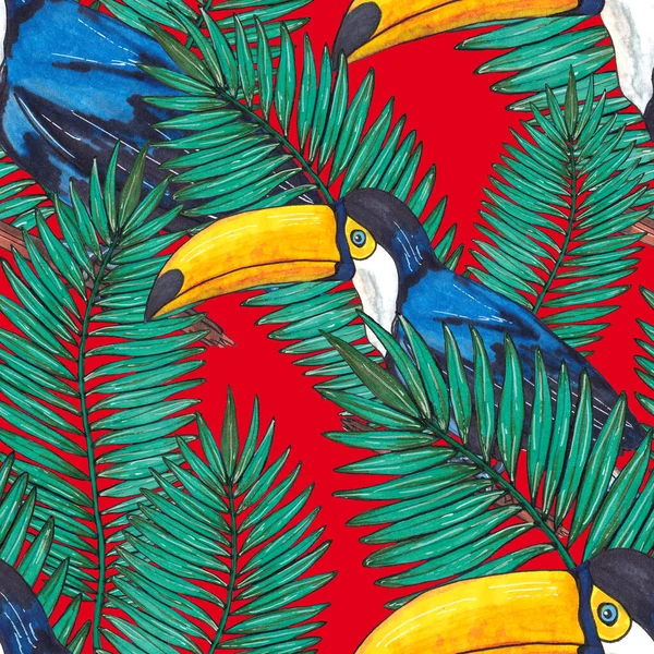 Aquarel Naadloos Patroon Met Toucan Exotische Botanische Jungle Behang Met — Stockfoto