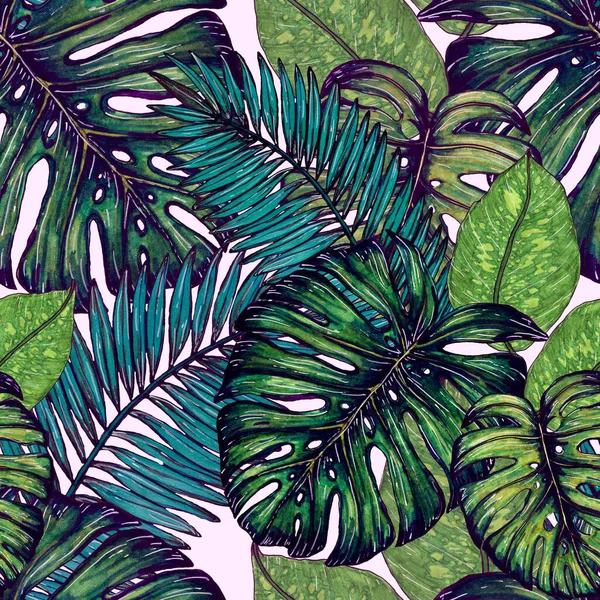 Watercolor Seamless Pattern Tropical Leaves Beautiful Allover Print Hand Drawn — Stock Photo, Image