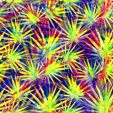 Renkli ve soyut tropikal yapraklı suluboya desenli. Egzotik bitkilerle dolu parlak yaz baskısı. Yaratıcı trend botanik tekstil tasarımı.