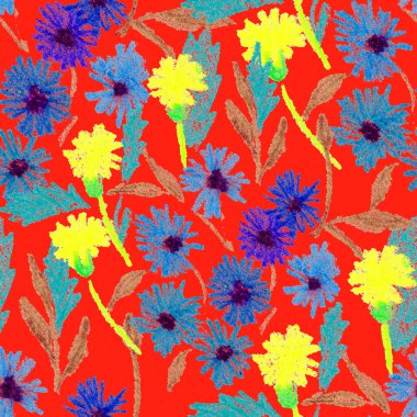 Balmumu pastel boyalarla çizilmiş soyut çiçekleri olan yaratıcı, pürüzsüz desen. Parlak renkli çiçek deseni.