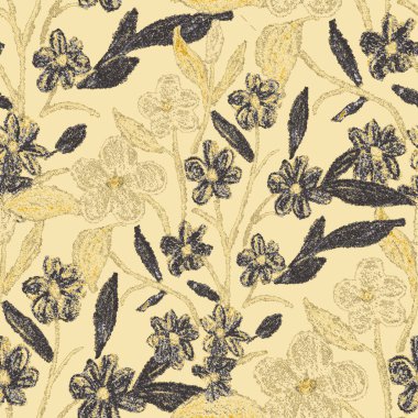 Balmumu pastel boyalarla çizilmiş soyut çiçekleri olan yaratıcı, pürüzsüz desen. Parlak renkli çiçek deseni.