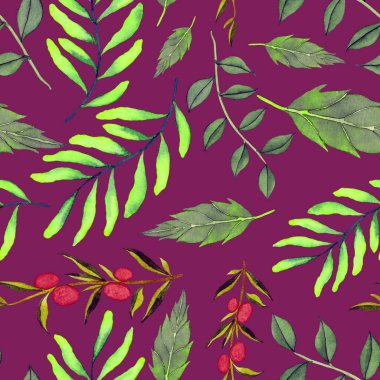 Vintage yapraklı suluboya desenli. Dekoratif tasarım için renkli yaprakları olan güzel bir botanik baskısı. Parlak bahar ya da yaz arkaplanı. Klasik düğün dekoru. Tekstil tasarımı.