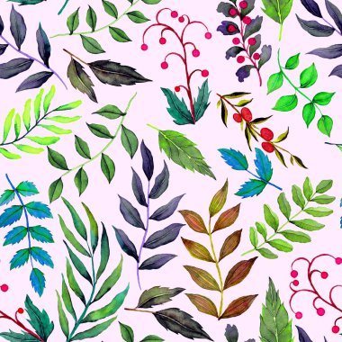 Vintage yapraklı suluboya desenli. Dekoratif tasarım için renkli yaprakları olan güzel bir botanik baskısı. Parlak bahar ya da yaz arkaplanı. Klasik düğün dekoru. Tekstil tasarımı.