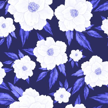 Çiçeklerle suluboya kusursuz desen. Klasik çiçek desenleri. Çiçeksiz desen. Botanik sanatı. Çiçek botanik koleksiyonu. Çiçek seti. Suluboya botanik tasarımı.