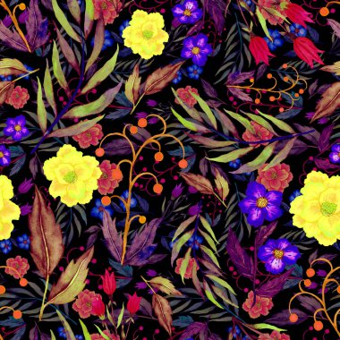 Çiçeklerle suluboya kusursuz desen. Klasik çiçek desenleri. Çiçeksiz desen. Botanik sanatı. Çiçek botanik koleksiyonu. Çiçek seti. Suluboya botanik tasarımı.