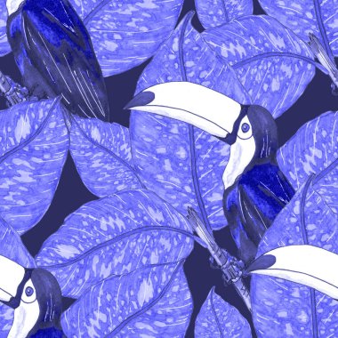 Tukanla dikişsiz suluboya desen. Tropik kuşlu ve yapraklı egzotik botanik orman duvar kağıdı. Parlak yaz şablonu geçmişi.