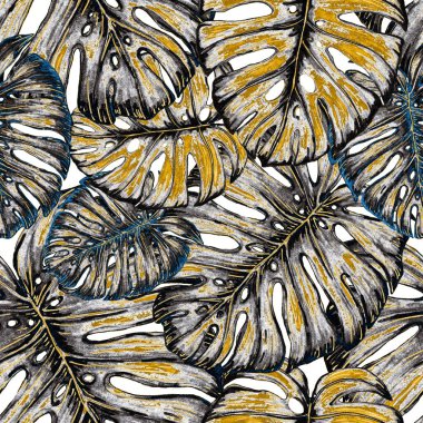 Tropikal yapraklarla suluboya kusursuz desen. Elle çizilmiş egzotik bitkilerle çok güzel bir iz. Mayo botanik tasarımı.