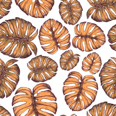 Tropikal yapraklarla suluboya kusursuz desen. Elle çizilmiş egzotik bitkilerle çok güzel bir iz. Mayo botanik tasarımı.