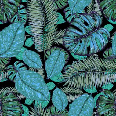 Tropikal yapraklarla suluboya kusursuz desen. Elle çizilmiş egzotik bitkilerle çok güzel bir iz. Mayo botanik tasarımı.