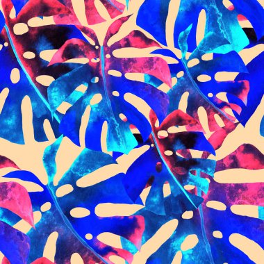 Renkli ve soyut tropikal yapraklı suluboya desenli. Egzotik bitkilerle dolu parlak yaz baskısı. Yaratıcı trend botanik tekstil tasarımı.