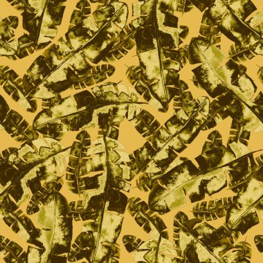 Renkli ve soyut tropikal yapraklı suluboya desenli. Egzotik bitkilerle dolu parlak yaz baskısı. Yaratıcı trend botanik tekstil tasarımı.