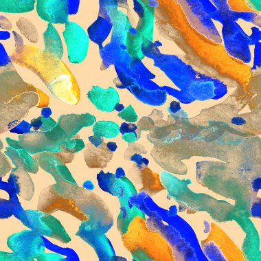 Suluboya, soyut, kusursuz desen. Parlak el yapımı elementlerle yaratıcı doku. Soyut renkli yazdırma.