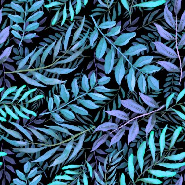 Vintage yapraklı suluboya desenli. Dekoratif tasarım için renkli yaprakları olan güzel bir botanik baskısı. Parlak bahar ya da yaz arkaplanı. Klasik düğün dekoru. Tekstil tasarımı.