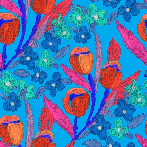 Креативный Безпечатный Узор Цветами Нарисованными Восковыми Краями Яркая Красочная Цветочная — стоковое фото