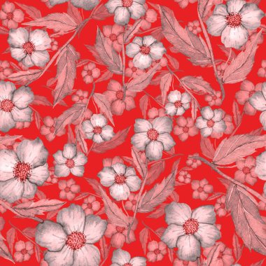 Çiçeklerle suluboya kusursuz desen. Klasik çiçek desenleri. Çiçeksiz desen. Botanik sanatı. Çiçek botanik koleksiyonu. Çiçek seti. Suluboya botanik tasarımı.