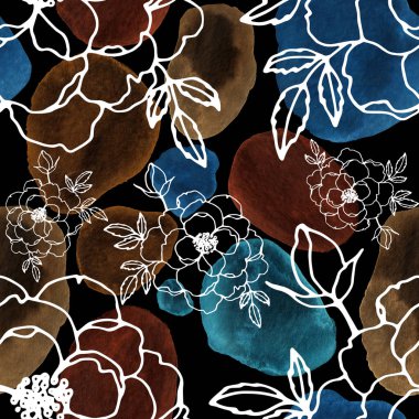 Çizgili sanat çiçekleri ve suluboya lekeleri olan yaratıcı kusursuz desen. Moda soyut modern vintage baskı.