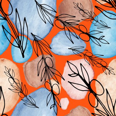 Çizgili sanat çiçekleri ve suluboya lekeleri olan yaratıcı kusursuz desen. Moda soyut modern vintage baskı.