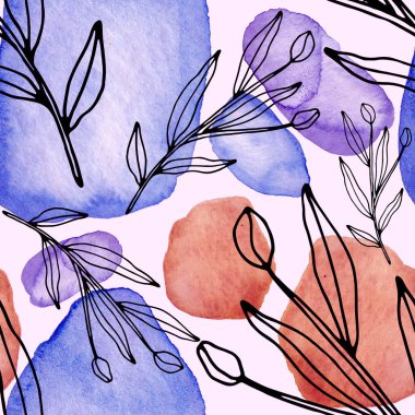 Çizgili sanat çiçekleri ve suluboya lekeleri olan yaratıcı kusursuz desen. Moda soyut modern vintage baskı.