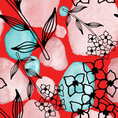 Çizgili sanat çiçekleri ve suluboya lekeleri olan yaratıcı kusursuz desen. Moda soyut modern vintage baskı.