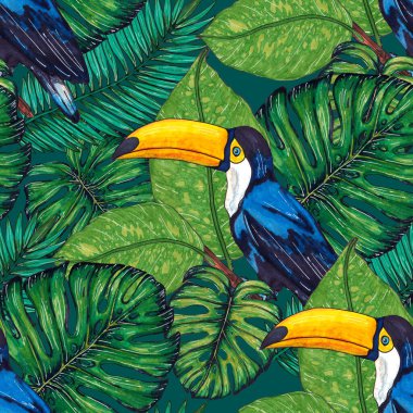 Tukanla dikişsiz suluboya desen. Tropik kuşlu ve yapraklı egzotik botanik orman duvar kağıdı. Parlak yaz şablonu geçmişi.