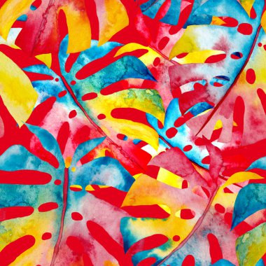 Renkli ve soyut tropikal yapraklı suluboya desenli. Egzotik bitkilerle dolu parlak yaz baskısı. Yaratıcı trend botanik tekstil tasarımı.