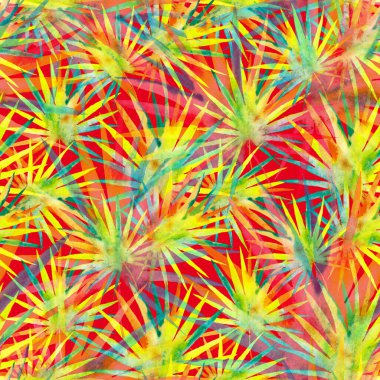 Renkli ve soyut tropikal yapraklı suluboya desenli. Egzotik bitkilerle dolu parlak yaz baskısı. Yaratıcı trend botanik tekstil tasarımı.